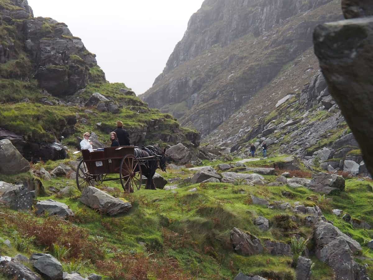 Jaunting car in Irish mountain pass - Gap of Dunloe near Killarney